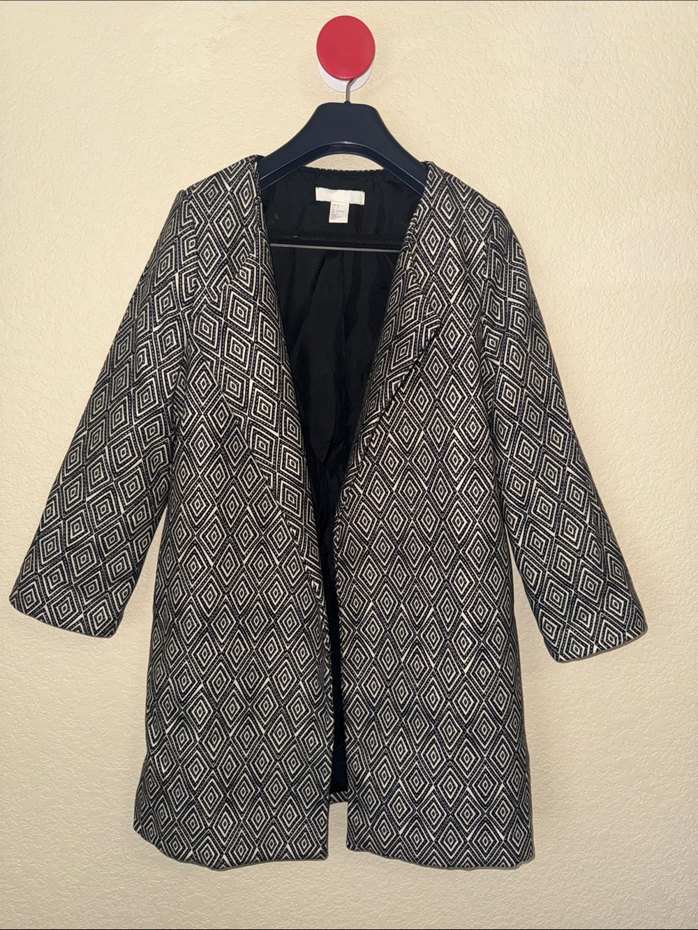 H&M Black White Geometric Open Front Longline Blazer Jacket Size 4